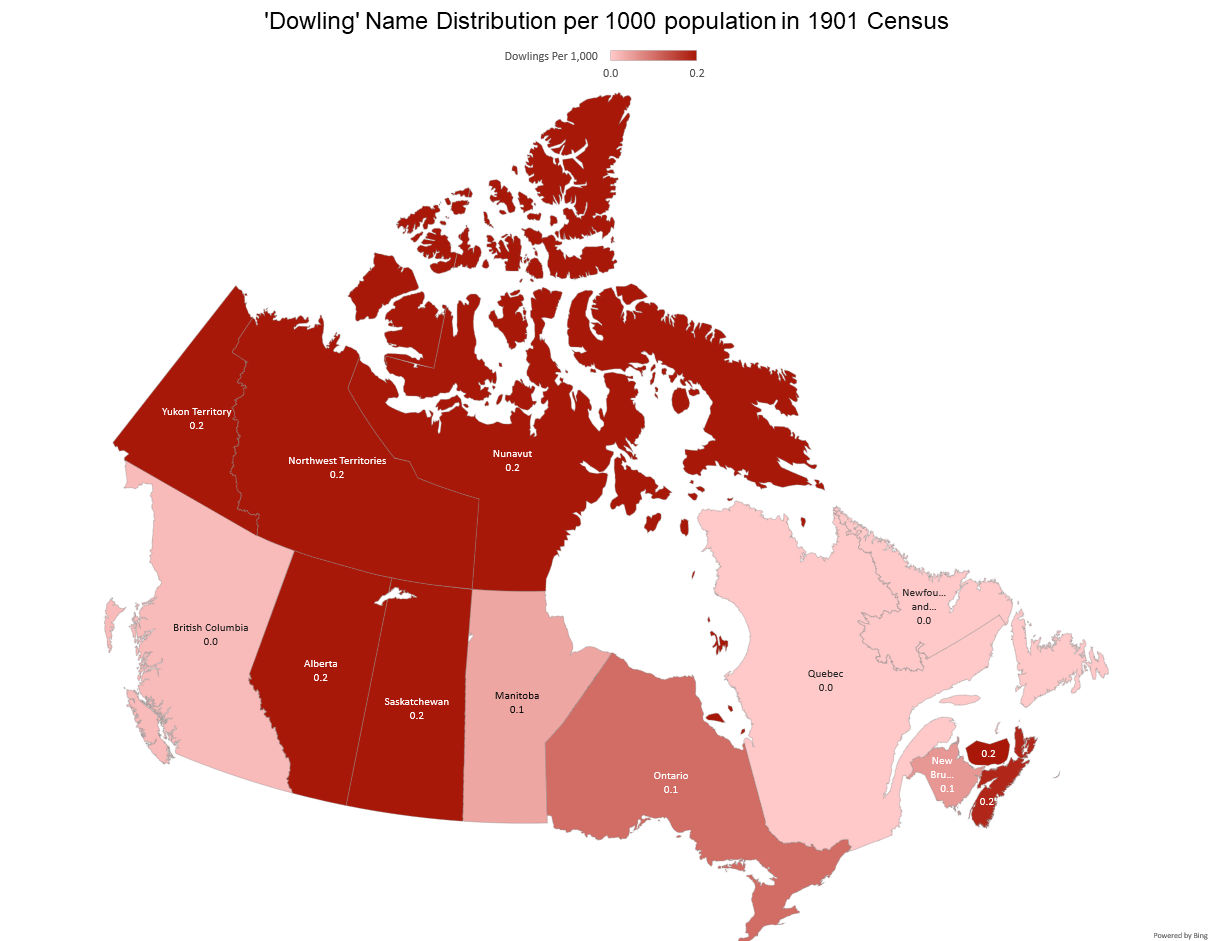 Distribution of Dowlings per Thousand of Population Across Canada in 1901 from Census