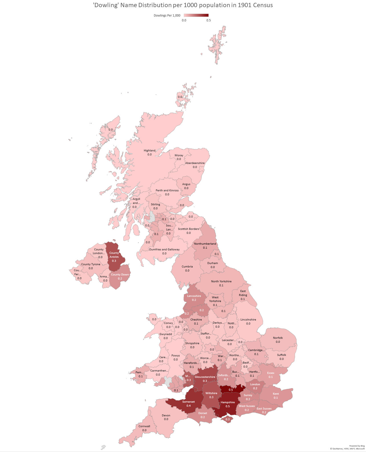 Distribution of Dowlings per Thousand of Population Across United Kingdom in 1901 from Census