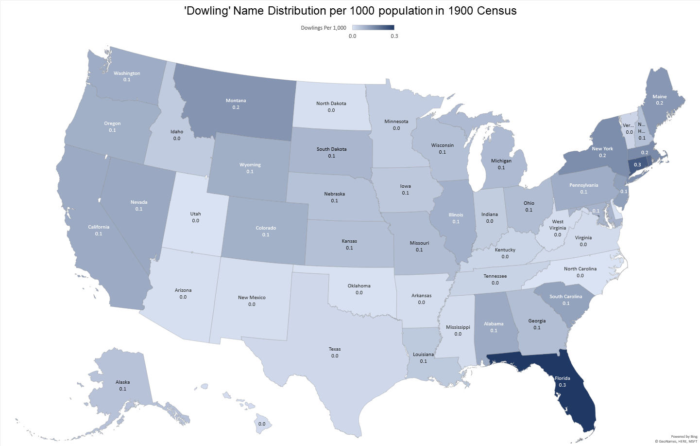 Distribution of Dowlings per Thousand of Population Across United States in 1900 from Census